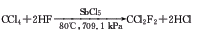 Dichlorodifluoromethane is prepared by reaction of carbon tetrachloride with hydro fluoride.